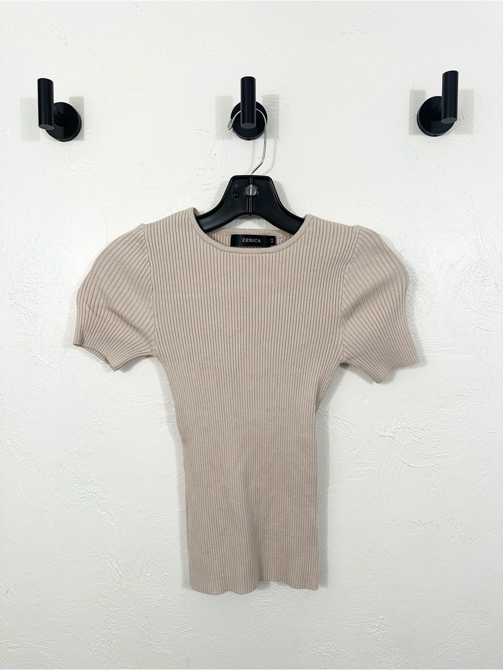 Beige Ribbed Short-Sleeve Knit Top